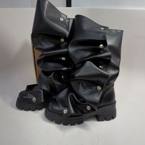 Women's Ruffled Button Fold Over Knee High Boots US 8.5 Black